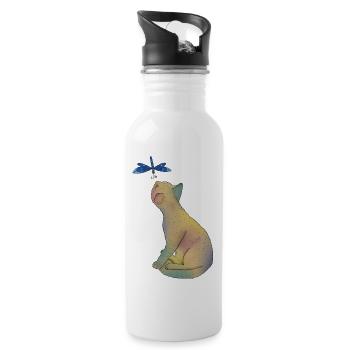 Katze mit blauer Libelle - Trinkflasche mit integriertem Trinkhalm - Weiß - Rechts