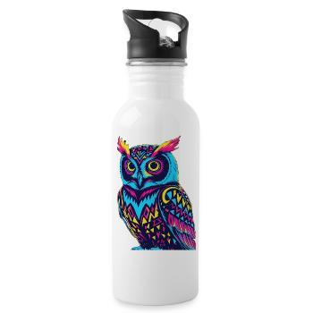 Neon Tribal Owl Design - Water bottle with straw - white - Right
