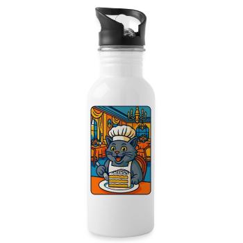 Kulinarische Katzenkoch-Illustration, Liebeskatzen kochen - Trinkflasche mit integriertem Trinkhalm - Weiß - Rechts