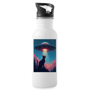 Weltraumkatze mit UFO-Lichtstrahl - Trinkflasche mit integriertem Trinkhalm - Weiß - Rechts