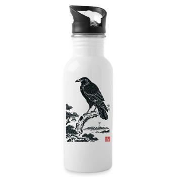Japanese Raven, Mount Fuji, Ukiyo-e Vintage Style - Water bottle with straw - white - Right