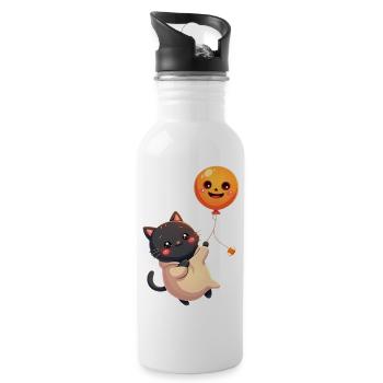 Halloween Katze mit Halloween Kürbis - Trinkflasche mit integriertem Trinkhalm - Weiß - Rechts