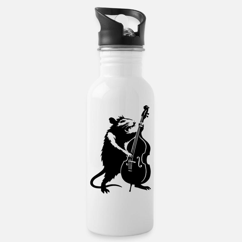 Bär mit Cello Monochrom - Trinkflasche mit integriertem Trinkhalm - Weiß