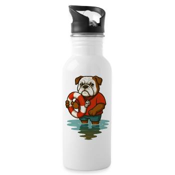 Lifeguard Bulldog Mascot Holding Float Ring - Water bottle with straw - white - Right