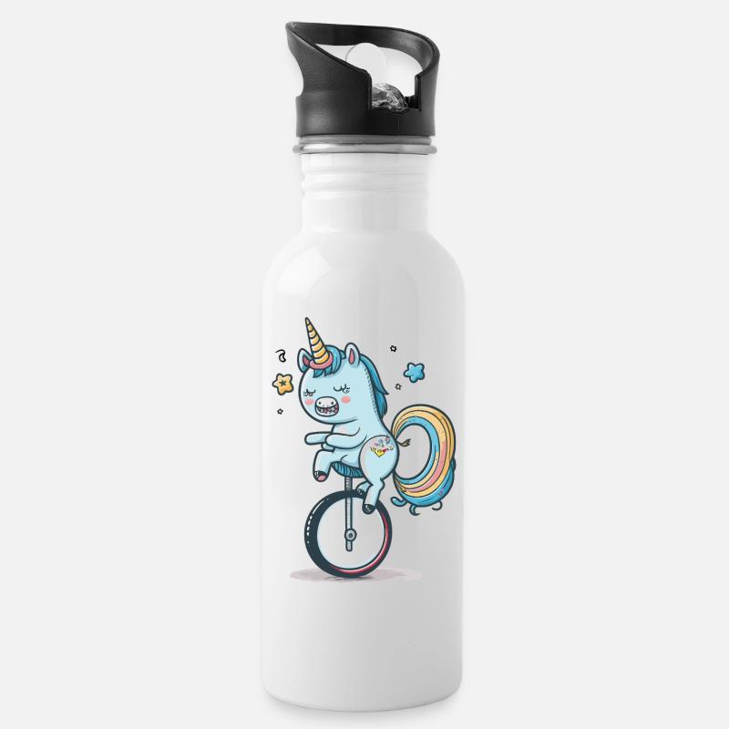 Unicorn on a unicycle – a colourful dream - Water bottle with straw - white
