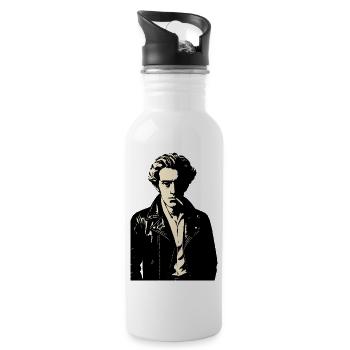 Soren Kierkegaard Rebellenporträt in Leder - Trinkflasche mit integriertem Trinkhalm - Weiß - Rechts
