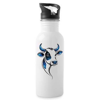 Cow Lineart Blue – Modern Farm Design - Water bottle with straw - white - Right