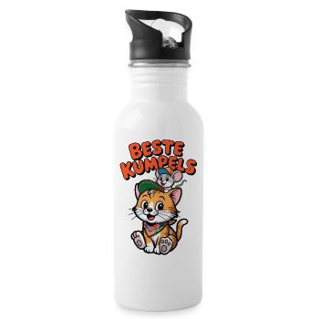 Süße Katze und Maus als beste Freunde - Trinkflasche mit integriertem Trinkhalm - Weiß - Rechts