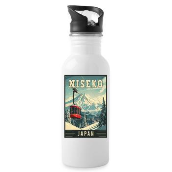 Winter Paradise in Niseko Japan Vintage Travel Art - Water bottle with straw - white - Right