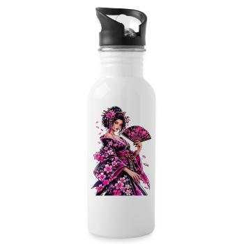 Geisha Flower Kimono Art - Water bottle with straw - white - Right