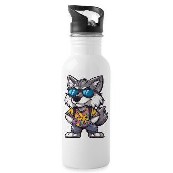 Wolf Comic Urlaub - Trinkflasche mit integriertem Trinkhalm - Weiß - Rechts