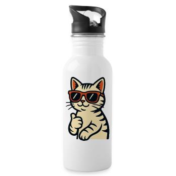 Katze mit Sonnenbrille und erhobenem Daumen - Trinkflasche mit integriertem Trinkhalm - Weiß - Rechts