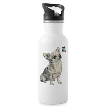 Chihuahua mit Schmetterling Hund Motiv - Trinkflasche mit integriertem Trinkhalm - Weiß - Rechts