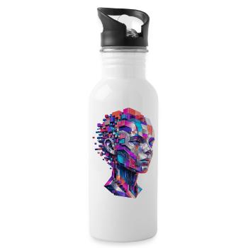 Geometrisches Farbporträt aus Pixelblöcken - Trinkflasche mit integriertem Trinkhalm - Weiß - Rechts