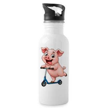 Schwein Roller Scooter Lustiges Bauernhof Motiv - Trinkflasche mit integriertem Trinkhalm - Weiß - Rechts