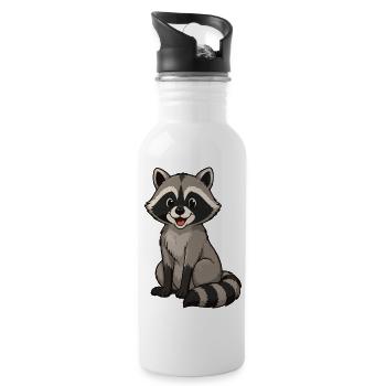 Fröhlicher Waschbär Cartoon-Motiv - Trinkflasche mit integriertem Trinkhalm - Weiß - Rechts