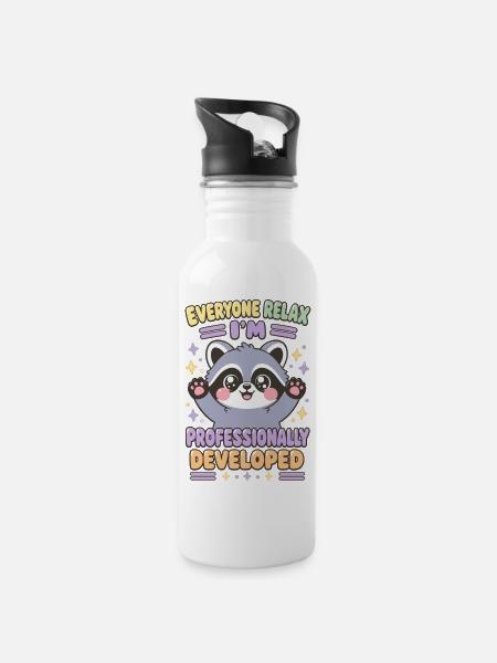 Niedlicher Chibi-Waschbär professionell entwickelt - Trinkflasche mit integriertem Trinkhalm - Weiß