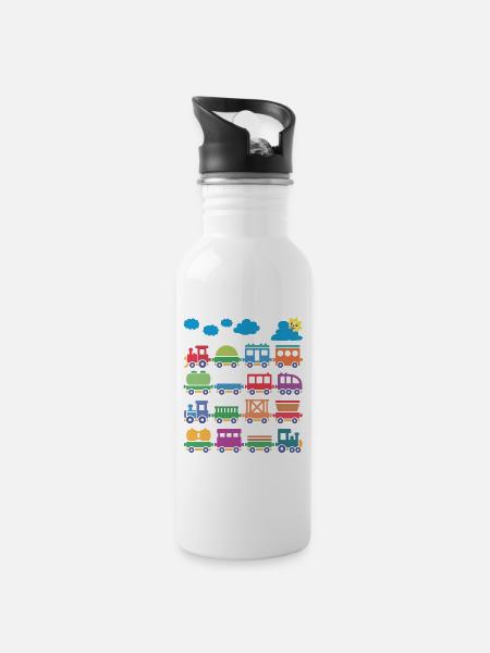 colorful locomotives colorful railways - Water bottle with straw - white