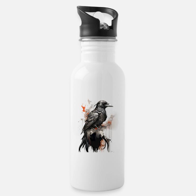 Mystischer schwarzer Rabe Krähe Illustration - Trinkflasche mit integriertem Trinkhalm - Weiß