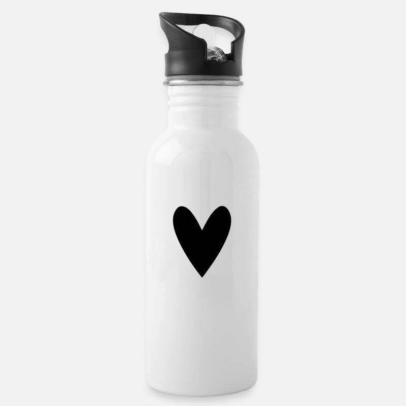 Herz schwarz - Trinkflasche mit integriertem Trinkhalm - Weiß