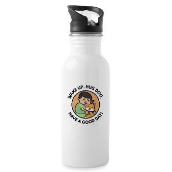 Hund. Hunde. Besitzer. Aufstehen. Glücklich. - Trinkflasche mit integriertem Trinkhalm - Weiß - Rechts