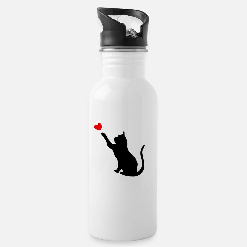 Katze mit Herz - Trinkflasche mit integriertem Trinkhalm - Weiß