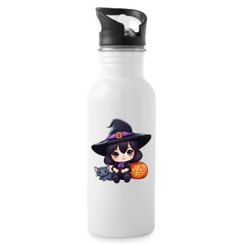 Niedliche Hexe mit schwarzer Katze und Kürbis - Trinkflasche mit integriertem Trinkhalm - Weiß - Rechts