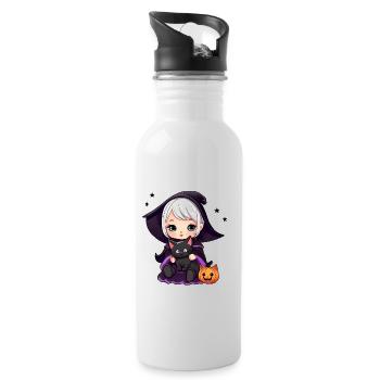 Niedliche Hexe mit schwarzer Katze - Trinkflasche mit integriertem Trinkhalm - Weiß - Rechts
