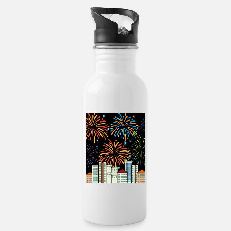Feuerwerk Pyro Silvester Countdown - Trinkflasche mit integriertem Trinkhalm - Weiß