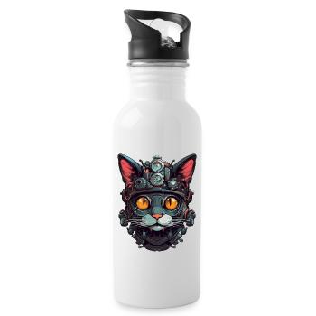 Katze Roboter Cyborg Kopf Portrait Steampunk Cyber - Trinkflasche mit integriertem Trinkhalm - Weiß - Rechts