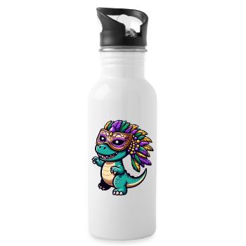 Mardi Gras T-Rex Dino: Maske und Perlen - Trinkflasche mit integriertem Trinkhalm - Weiß - Rechts