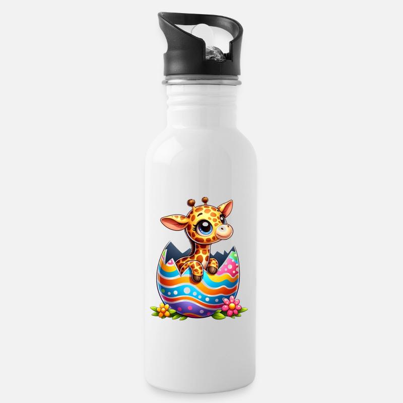 Süße Oster Giraffe schlüpft aus dem Osterei - Trinkflasche mit integriertem Trinkhalm - Weiß