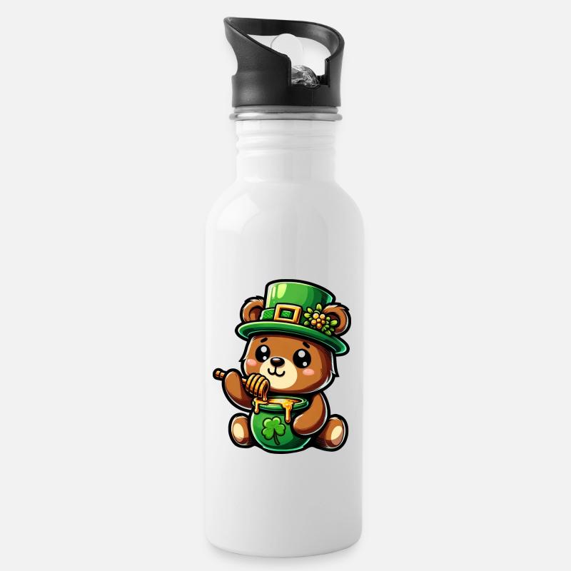 Süßer Comic St. Patricks day Bär isst Honig - Trinkflasche mit integriertem Trinkhalm - Weiß