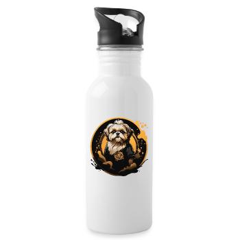 Shih Tzu Portrait in Decorative Circle Frame - Water bottle with straw - white - Right