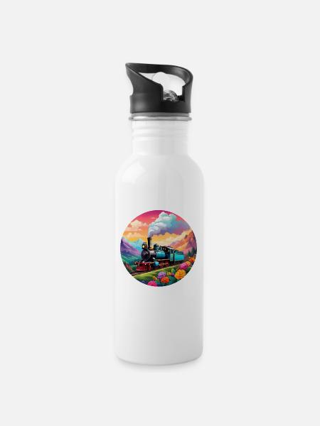 Nostalgische qualmende Dampflokomotive - Trinkflasche mit integriertem Trinkhalm - Weiß