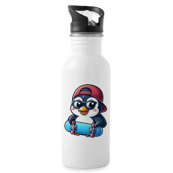 Funny Penguin Skateboard Comic Cartoon Skate - Water bottle with straw - white - Right
