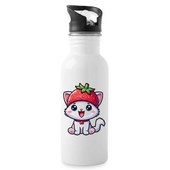 Chat fantaisiste avec fraise et chapeau aux fruits sucrés - Gourde avec paille intégrée - blanc - Droite