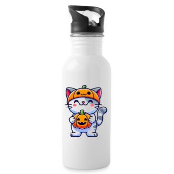 Chat d’Halloween fantaisiste avec citrouille et chapeau - Gourde avec paille intégrée - blanc - Droite