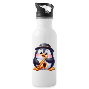 Cute Penguin Saxophone Musician Cartoon - Water bottle with straw - white - Right