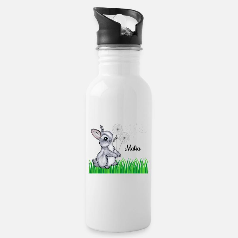 Namenstasse Kinder Hase Name Geschenk Malia - Trinkflasche mit integriertem Trinkhalm - Weiß
