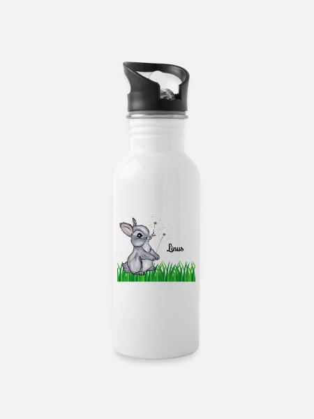 Hase Name Geschenk Linus - Trinkflasche mit integriertem Trinkhalm - Weiß