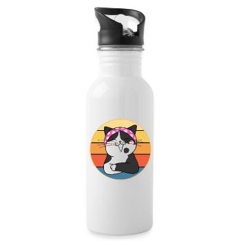 Funny Cute Kawaii Cat Face Retro Sunset - Water bottle with straw - white - Right