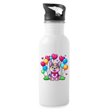Hund mit bunten Luftballons - Trinkflasche mit integriertem Trinkhalm - Weiß - Rechts
