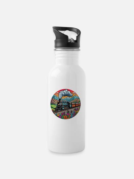 Nostalgischer Eisenbahnzug qualmender Lokomotive - Trinkflasche mit integriertem Trinkhalm - Weiß