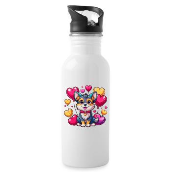 Hund mit bunten Luftballons - Trinkflasche mit integriertem Trinkhalm - Weiß - Rechts