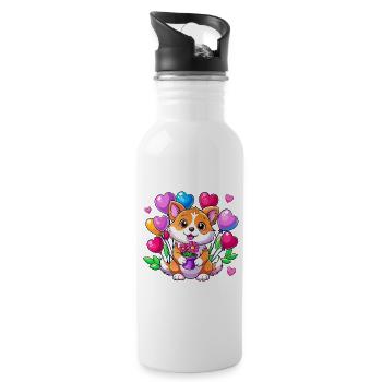 Hund mit bunten Luftballons - Trinkflasche mit integriertem Trinkhalm - Weiß - Rechts