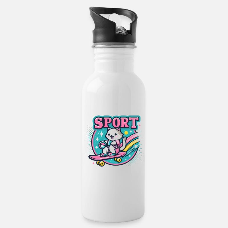 Sport Cat Design - Trinkflasche mit integriertem Trinkhalm - Weiß