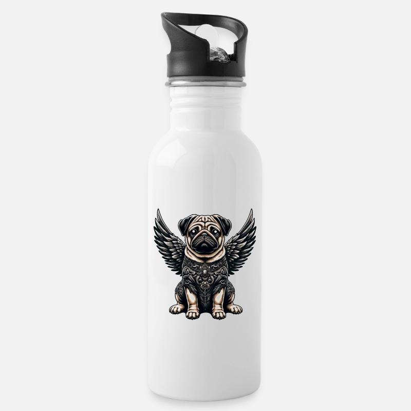 Süßer Mops Engel mit barocken und gotischen - Trinkflasche mit integriertem Trinkhalm - Weiß