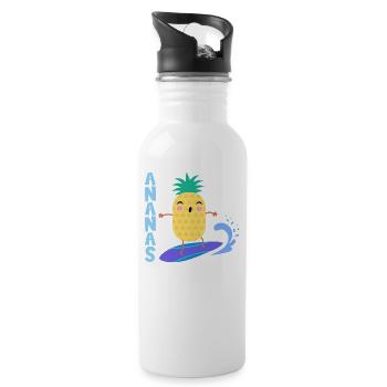 pineapple riding waves on a surfboard, - Water bottle with straw - white - Right