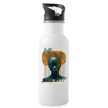 Blue Beauty | Modern Art | Beautiful woman in blue - Water bottle with straw - white - Right